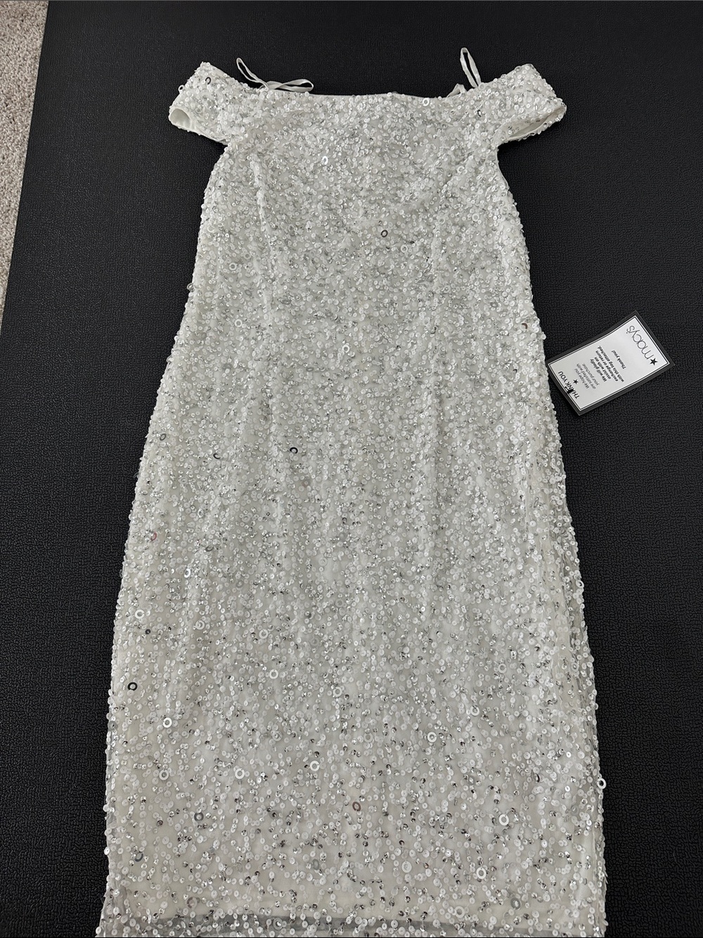 Adrianna Papell White Sequin Off-Shoulder Midi Dress